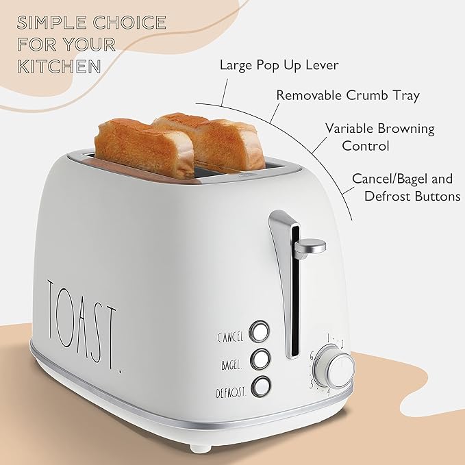 Rae Dunn Retro Rounded Bread Toaster, 2 Slice Stainless Steel Toaster with Removable Crumb Tray, Wide Slot with 6 Browning Levels, Bagel, Defrost and Cancel Options, Cream