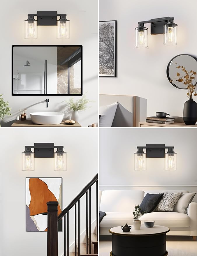 DORESshop 2-Light Black Bathroom Light Fixtures Over Mirror with Clear Glass Shade, Vanity Lights for Bathroom Mirror Hallway Bedroom Living Room, ETL Listed