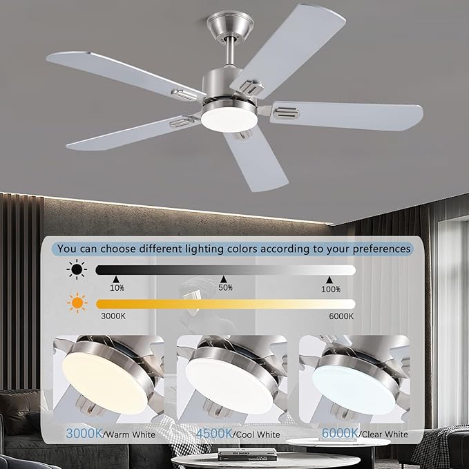 52inch Ceiling Fans with Lights and Remote/App Control, Double-Side Blades, Dimmable LED, Reversible DC Motor, Noiseless, Modern Low Profile Ceiling Fan for Indoor/Outdoor Use (Nickel)