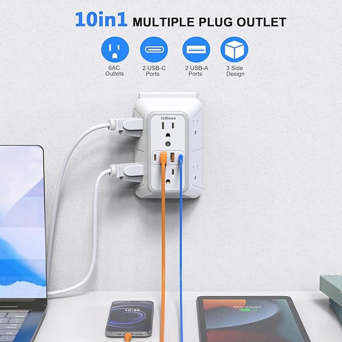 2 Pack Wall Charger, Surge Protector 6 Outlet Extender Multi Plug Wall Outlets with 4 USB Charging Ports (2 USB C Outlet) 3 Sided 1050J Power Strip Wall Adapter Spaced for Home Travel Office
