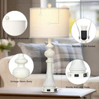 28" Farmhouse Table Lamps Set of 2, Vintage Bedside Lamps with USB A+C Charging Ports & AC Outlet, 3-Way Dimmable Touch Control Nightstand Lamp for Living Room Bedroom Wash White(2 LED Bulbs Included)