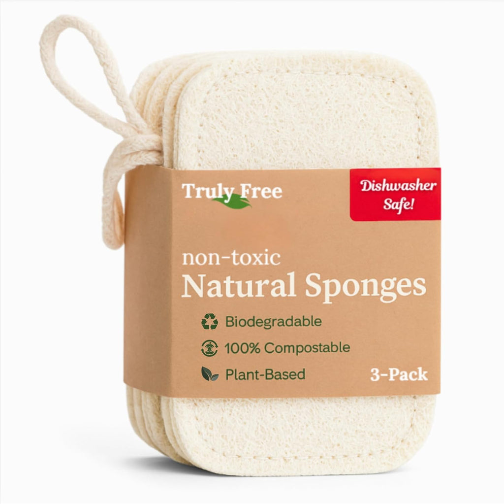 Truly Free Natural Cleaning Sponges, 100% Organic Luffa Dish Scrubber, Plant-Based Compostable Kitchen Dishwasher Sponge, Cleans Sink, Grout & Tile, Non Scratch Scouring Pad - 4.4 x 2.8 in, Pack of 3