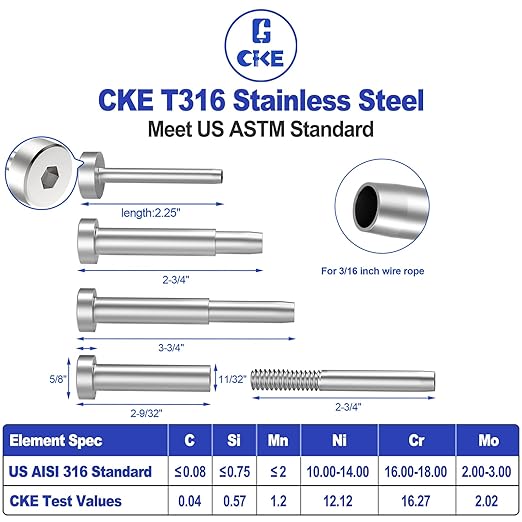 CKE 10 Pairs Invisible Cable Railing Kit, T316 Stainless Steel 3/16" Invisible Receiver and Swage Stud End for 2"x2", 4"x4" Wood/Metal Post, Invisible Deck Stair Cable Railing Hardware Tensioner CR31