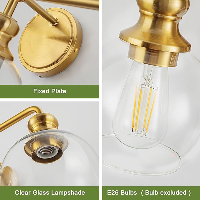 Gold 4-Light Bathroom Vanity Fixture with Clear Glass Shades Modern Wall Lamp Suitable for Bathrooms, Dressing Rooms