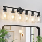 6-Light Bathroom Light Fixtures, Black Modern Vanity Lights with Clear Glass Shade, Bathroom Wall Lamp for Mirror Kitchen Living Room Hallway Cabinet Porch