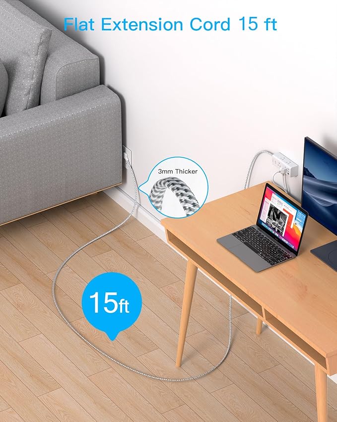 15Ft Extension Cord with Multiple Outlets, Flat Plug Power Strip Surge Protector with 15 Ft Long Cord, 6 Outlet 3 USB Ports (1 USBC) Multi Outlet Wall Plug for Home Office College Dorm Room Essentials