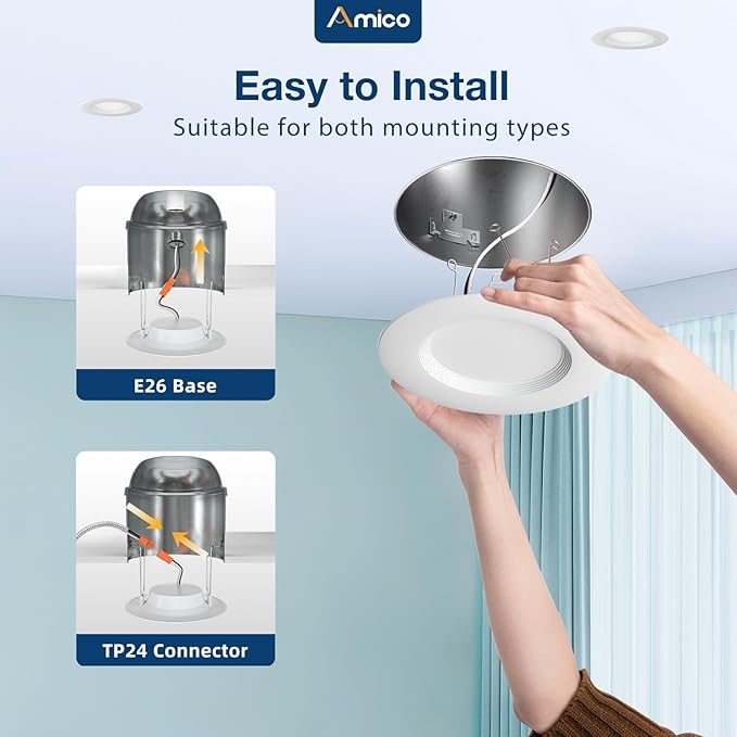 Amico 5/6 inch 5CCT LED Recessed Lighting 48 Pack, Dimmable, IC & Damp Rated, 12.5W=100W, 950LM Can Lights with Baffle Trim, 2700K/3000K/4000K/5000K/6000K Selectable, Retrofit Installation - ETL & FCC