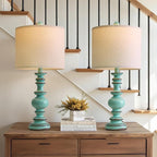BOBOMOMO 24" Farmhouse Table Lamps Set of 2 – Distressed Teal Lamps with Linen Shades, Cottage Style Bedside Lamps for Bedroom, Living Room, or Entryway, Medium Height Lamps with Coastal Vintage Charm