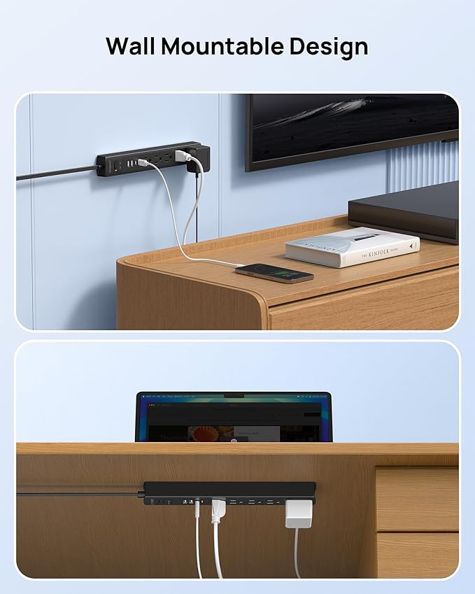 TROND 360° Rotating Plug Surge Protector Power Strip, 2 USB C and 2 USB A, 5 Widely Spaced Outlets, 1440J Surge Protection, Wall Mountable, Flat Cord Extension Cord 6ft for Home Office Dorm, Black