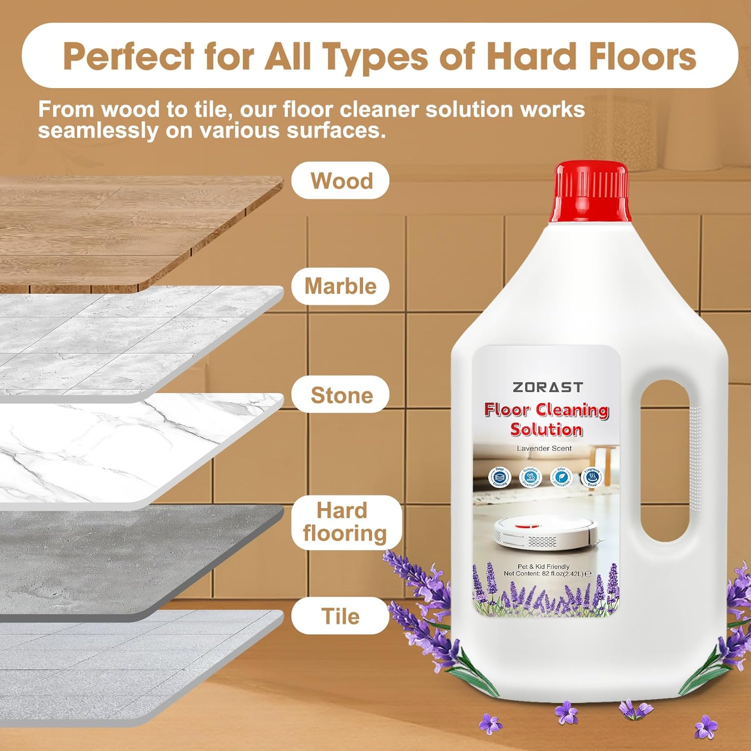 Lavender Scent Floor Cleaning Solution, Compatible with All Roborock Mopping Robots (S7, S8, Qrevo, Q7, Q8 series) Deep Cleans for Multiple Hard Floors Stain-Busting & Fresh-Scented