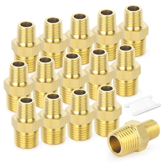 TAISHER 15PCS Brass Pipe Fitting, Reducer Adapter, Hex Nipple, 1/4-Inch Male Pipe x 1/8-Inch Male Pipe