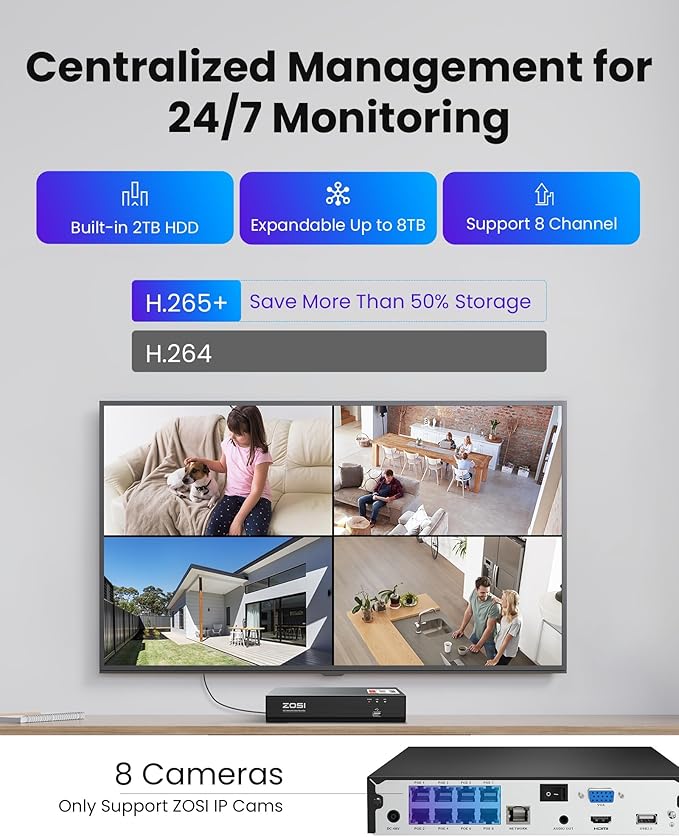 ZOSI 4K PoE Security Camera System,4pcs 4K C186 Aurora Lux Outdoor Indoor Wired Cameras,True Full Color Night Vision,Person Vehicle Detection,2 Way Audio,8MP 8CH NVR with 2TB HDD for 24/7 Recording