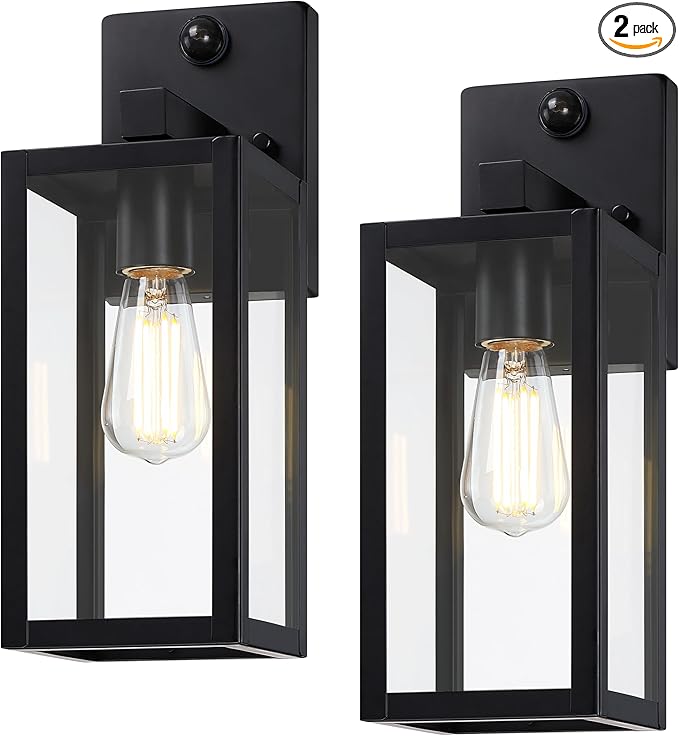 GRUENLICH Dusk to Dawn Large Outdoor Wall Lantern, PIR Motion Sensor Wall Sconce, E26 Base Max 60W, Metal Housing Plus Glass, Matte Black Finish, Bulb Not Included, 2-Pack