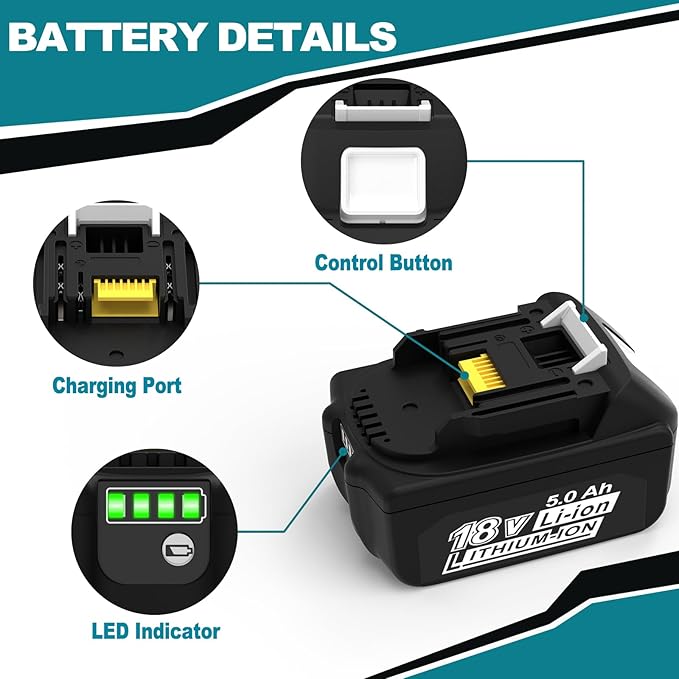 2 Packs 5.0Ah 18V Battery Replacement for Makita 18V Battery BL1850B BL1840B 1860B BL1830B BL1815B Compatible with Makita 18 Volt Cordless Power Tool and Charger
