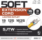 Iron Forge Cable Weatherproof 50 Ft Outdoor Extension Cord - 16/3 SJTW 13 Amp Heavy Duty Highly Visible Yellow Extension Cord 50ft 3 Prong - Lighted End