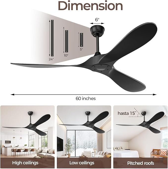 60 Inch Ceiling Fan Without Lights, Black | Outdoor Ceiling Fan with Remote, 6-Speed Adjustable Reversible DC Motor for Patio & Living Room