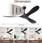 60 Inch Ceiling Fan Without Lights, Black | Outdoor Ceiling Fan with Remote, 6-Speed Adjustable Reversible DC Motor for Patio & Living Room