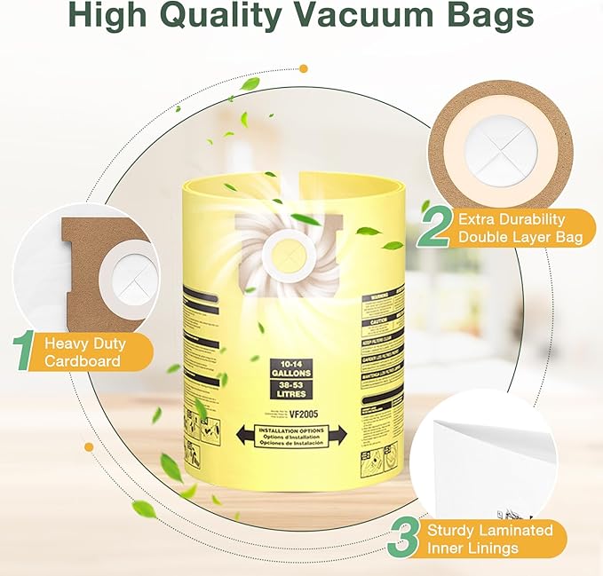10PCS 10-14 Gallon Vacuum Bags for Shop Vac Bags, Disposable Wet Dry Vaccum Collection Bags Replace Part Type I #90672 9067200, Type F #90662 9066200 9066233, VF2005 (Yellow)