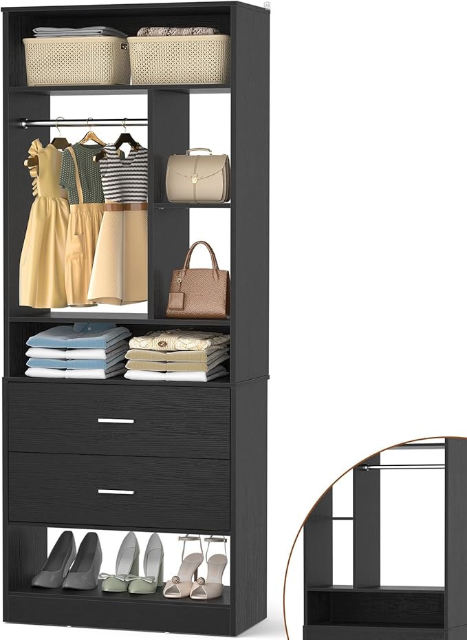 Freestanding 24" Closet System with 2 Wood Drawers, 2FT Small Closet Organizer System with 6 Shelves & Hanging Rod, Walk-in Closet Systems for Small Closets, Black (24"L x 15"W x 80"H)