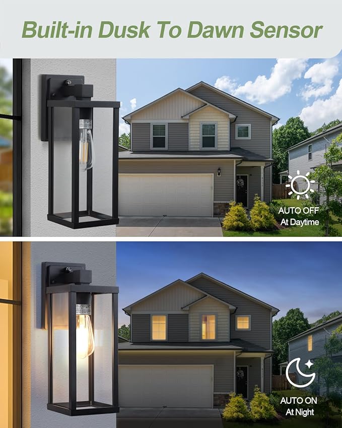 LITFIT Dusk to Dawn Outdoor Lighting, 14'' Matte Black Exterior Lighting Fixtures, Waterproof and Rustproof, Outside Wall Lantern for House, Garage, Porch & Patio, Blubs Not Included