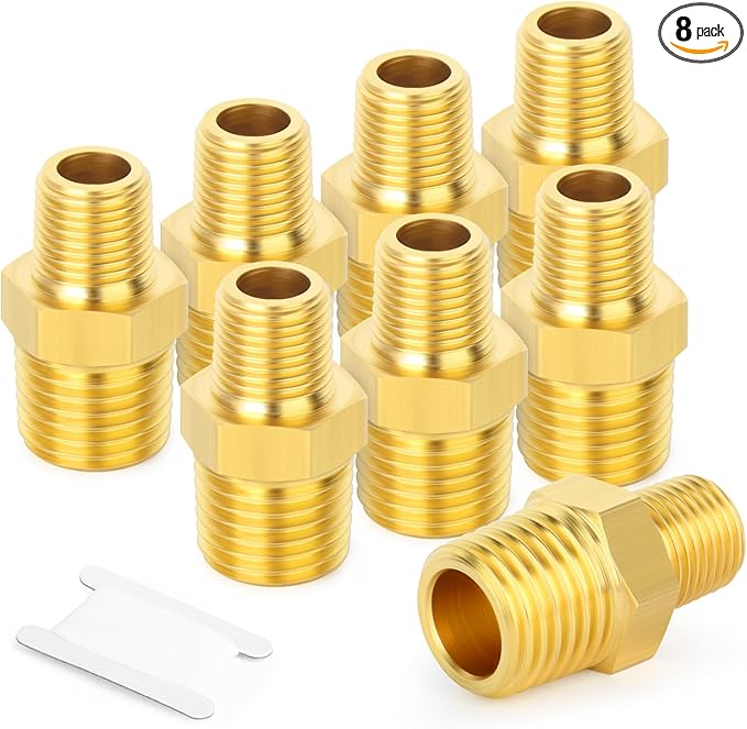 GASHER Brass Reducing Hex Nipples,1/2 Inch NPT Male x 3/8 Inch NPT Male Brass Pipe Adapter Fittings Reducing Nipples Connector（8Pcs）