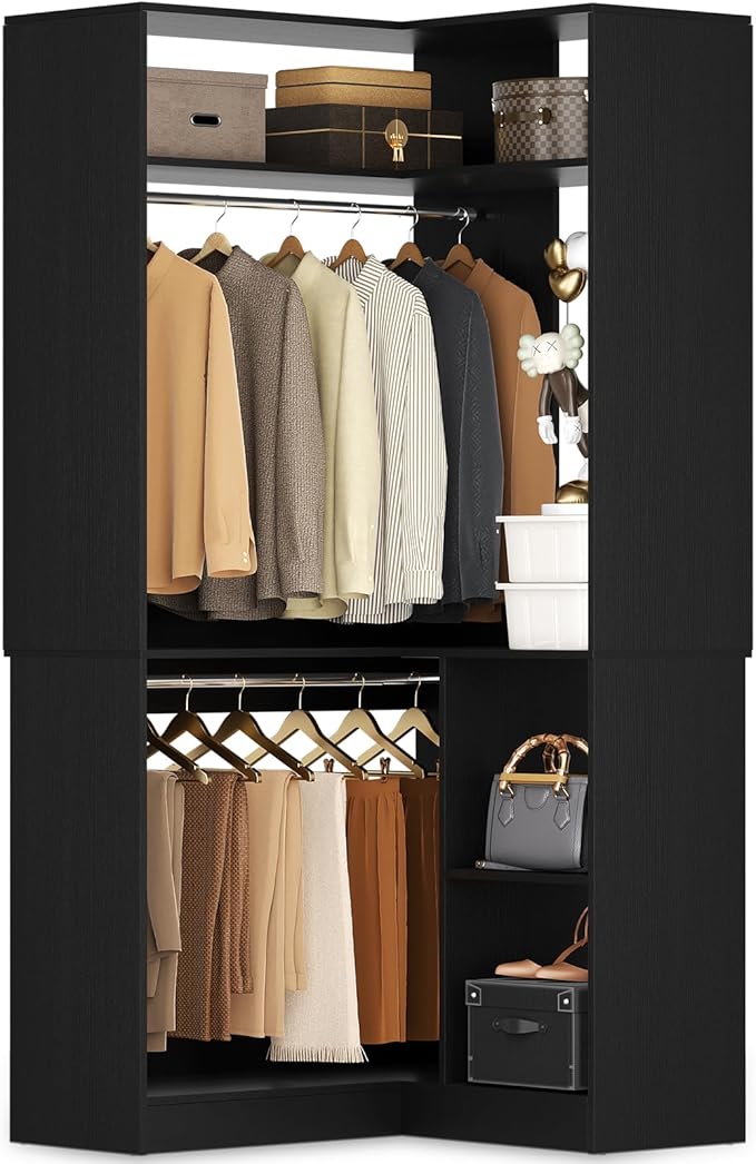 Aheaplus Corner Closet System with Shelves, Closet Organizer System with Hanging Rods, Wood Walk-in Closets for Corner Small Space, L Shaped Garment Rack, -B3, Black