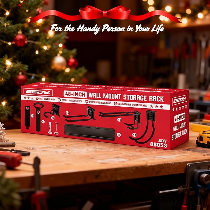 48" Heavy Duty Garage Wall Organizer, Wall Mount Tool Storage Rack with Adjustable Hooks, Garden Tool Organizer Hold Up to 300lbs, Easy Installation (3 Panels, 8 Hooks, 3 Straps)