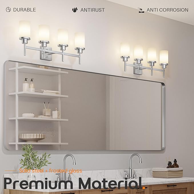 4-Light Vanity Lighting Fixtures with White Frosted Glass Shade, Brushed Nickel Bathroom Wall Lamps Over Mirror for Bath Restroom Kitchen T001BR-L4