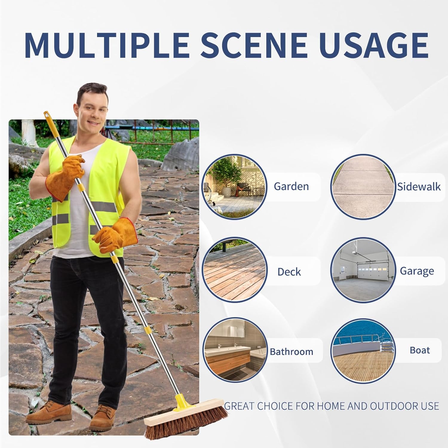 Floor Scrub Brush with Long Handle - 60" Heavy Duty Deck Brush with Stiff Natural Palmyra Bristle for Scrubbing, Outdoor Scrubber Brushes for Cleaning Concrete Floor, Garden, Patio, Shower