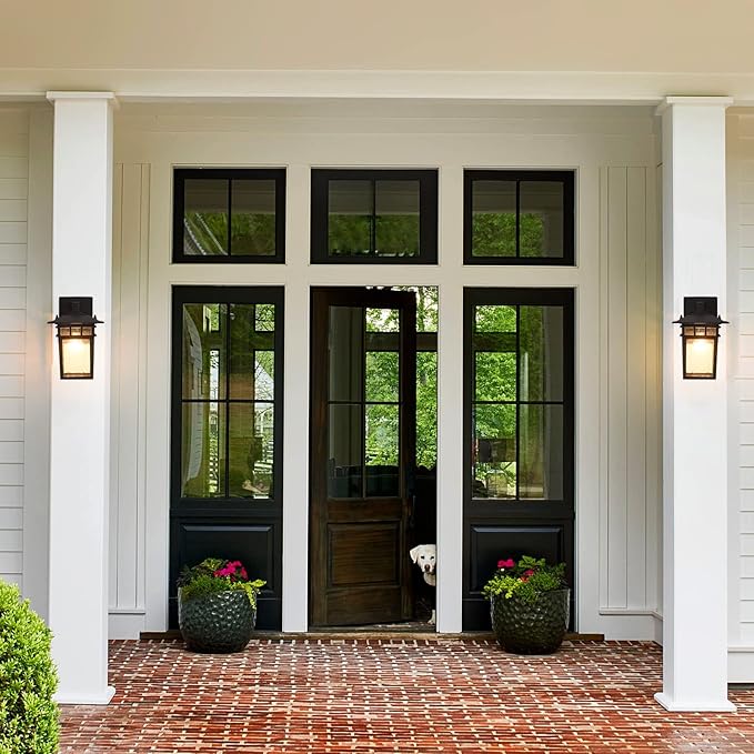 Outdoor Wall Lantern, Exterior Lighting Fixtures Wall Mount, 2 Pack Black Outdoor Sconce with Seeded Glass, Exterior Porch/Patio Lights for House Front Door Garage
