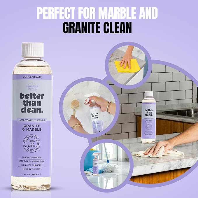 Marble & Granite Cleaner Concentrate - Plant-Based, Non-Toxic, Fragrance Free Cleaning Products - Slate, Marble, and Natural Stone Cleaner, – 8oz Makes 4 Bottles