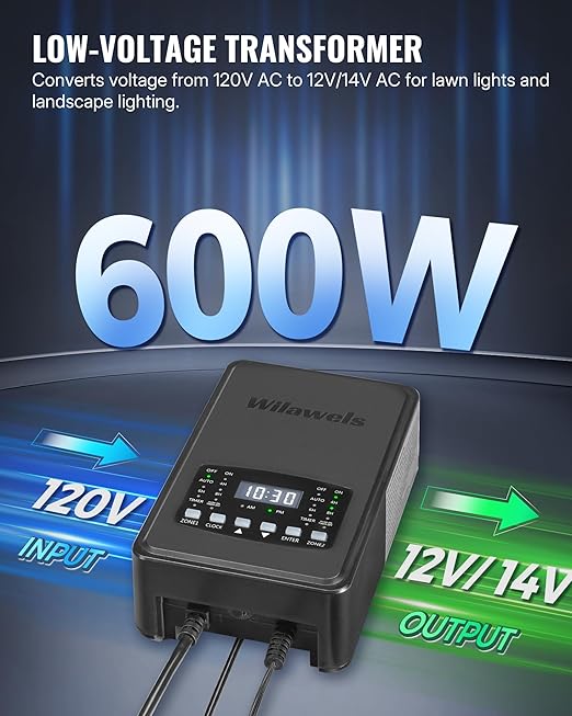600W Low Voltage Landscape Transformer, 2 Zone Independent Control Landscape Lighting Transformer, 120VAC to 12/14V AC Low Voltage Transformer with Timer & Photocell Sensor ETL Listed D25LT06