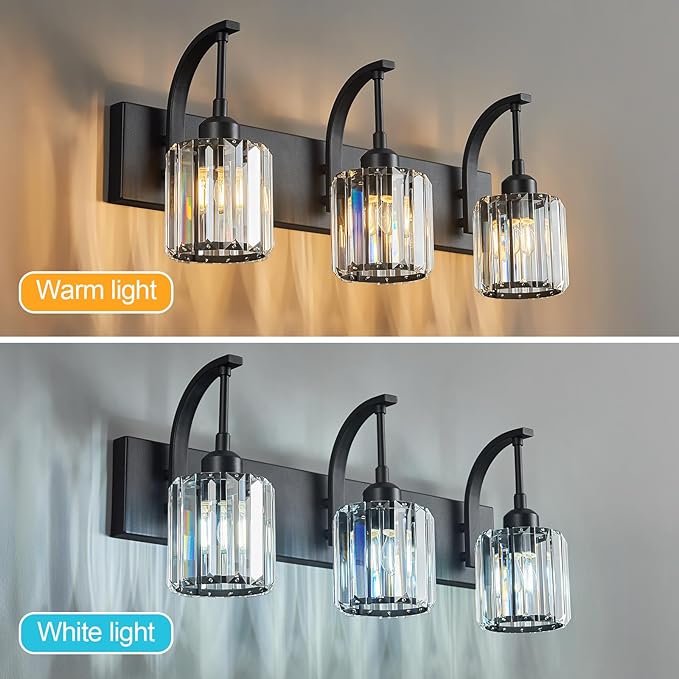 3-Light Crystal Vanity Light, Modern Black Bathroom Wall Sconce with K9 Crystal Shades, 23.62" Long Over Mirror Lighting for Vanity, Makeup, Hallway, Elegant & Durable