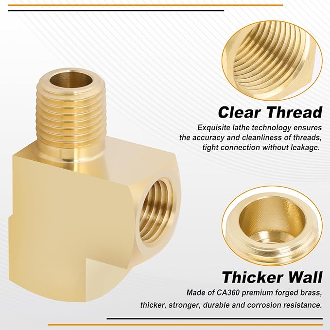 KOOTANS 4 Pack Brass Tee Fittings 1/4" NPT Female to 1/4" NPT Female to 1/4" NPT Male Barstock Street Tee Fittings 3 Way Brass Pipe Fitting