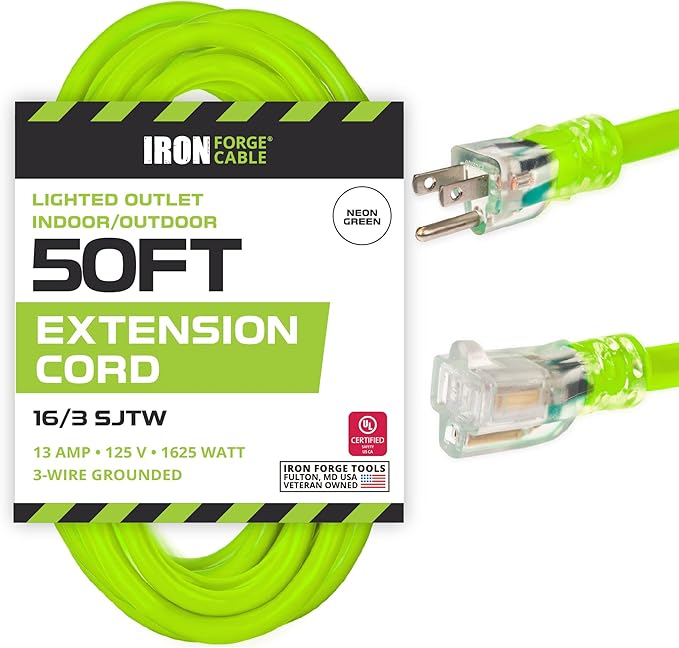 Iron Forge Cable Weatherproof 50 Ft Outdoor Extension Cord - 16/3 SJTW 13 Amp Heavy Duty Neon Green High Visibility Cable with 3 Prong - Lighted End