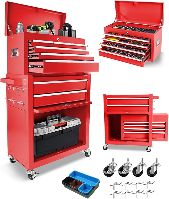 2 in 1 Tool Chest with 8 Drawers, Tool Cart with 7 Organizer Tray Divider Set & Wheels, Large Rolling Tool Box Organizer for Garage, Workshop, Home Crafts