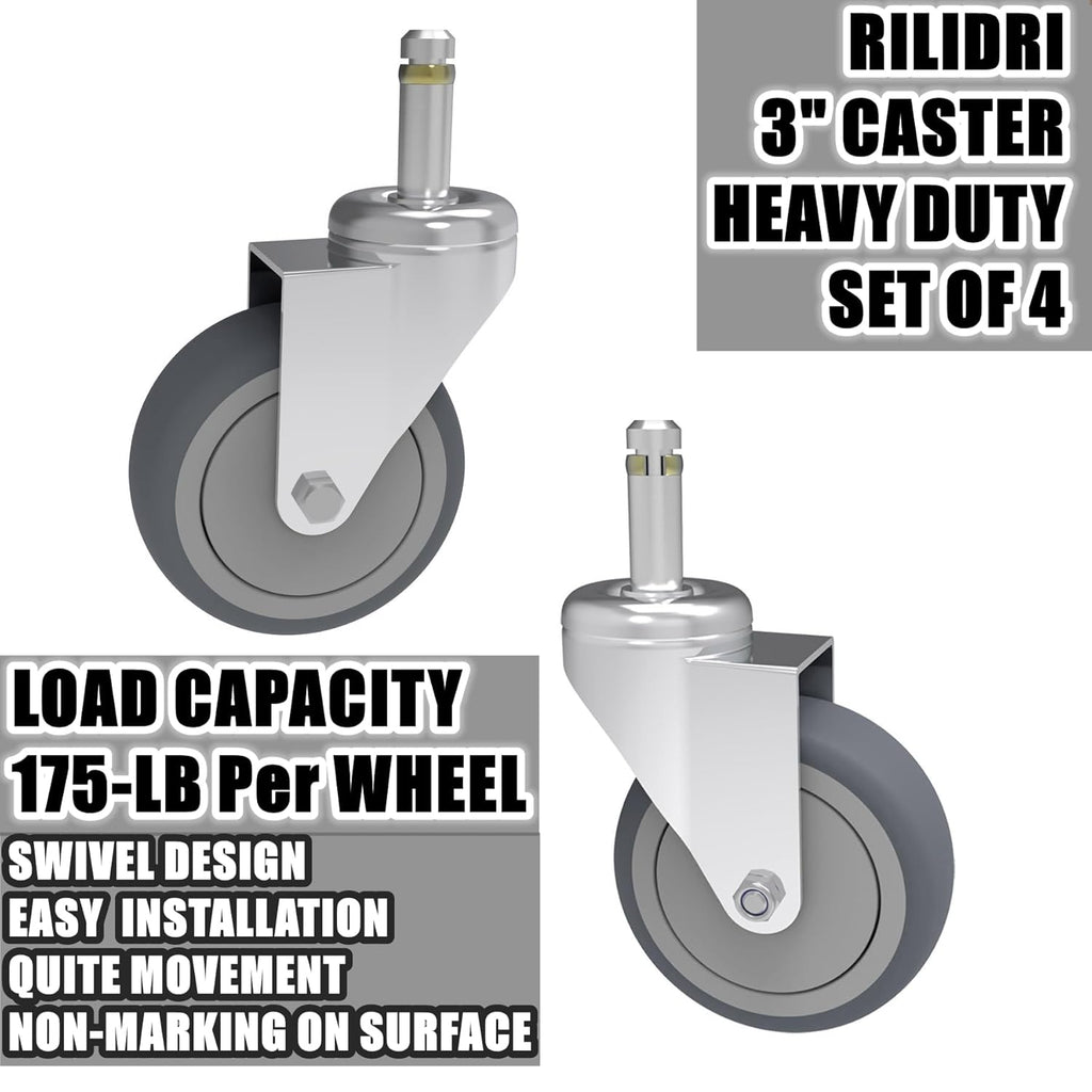 3-Inch Swivel Stem Caster, 7/16-Inch Stem Diameter Rubber Wheel, Heavy Duty TPR Replacement Wheels for Rubbermaid Mop Bucket Cart Grill Casters - 4 Pack