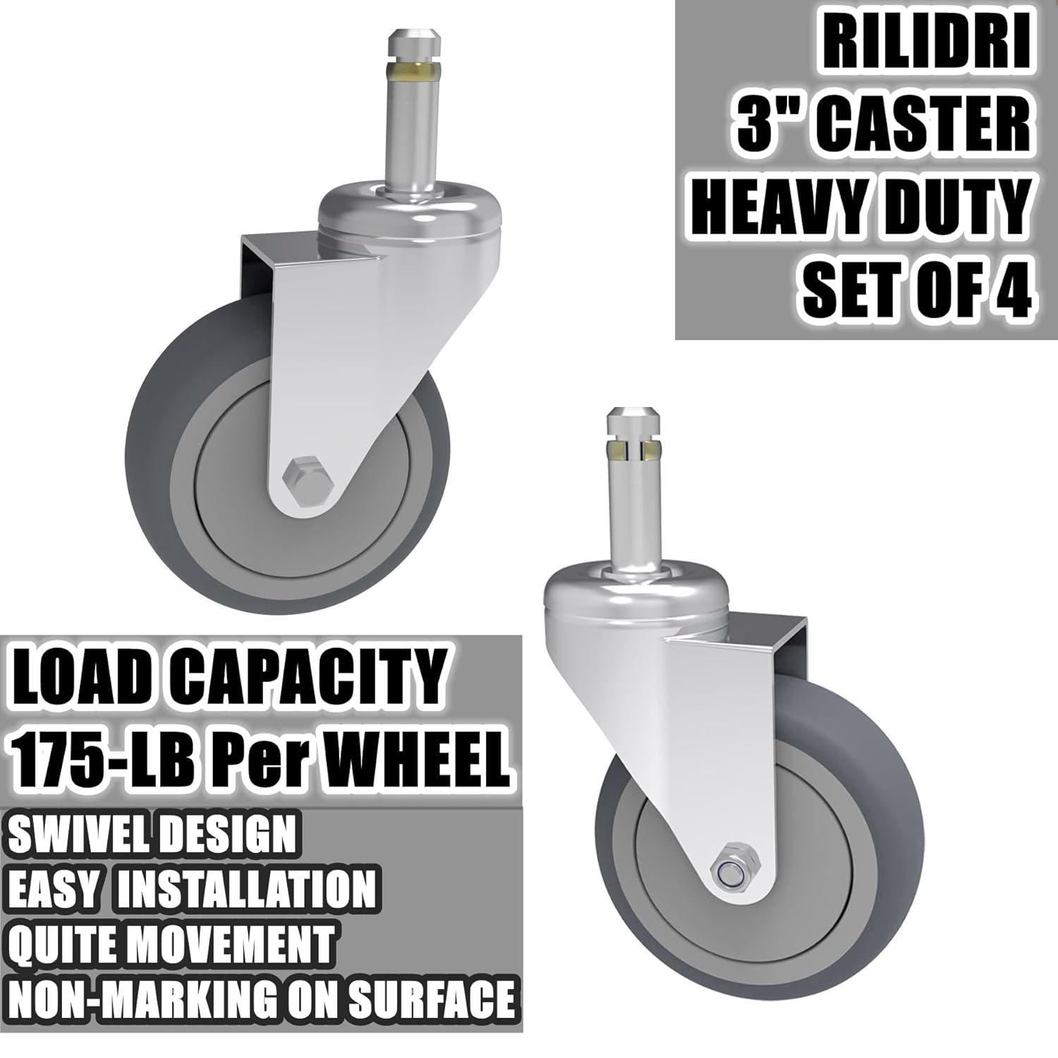 3-Inch Swivel Stem Caster, 7/16-Inch Stem Diameter Rubber Wheel, Heavy Duty TPR Replacement Wheels for Rubbermaid Mop Bucket Cart Grill Casters - 4 Pack