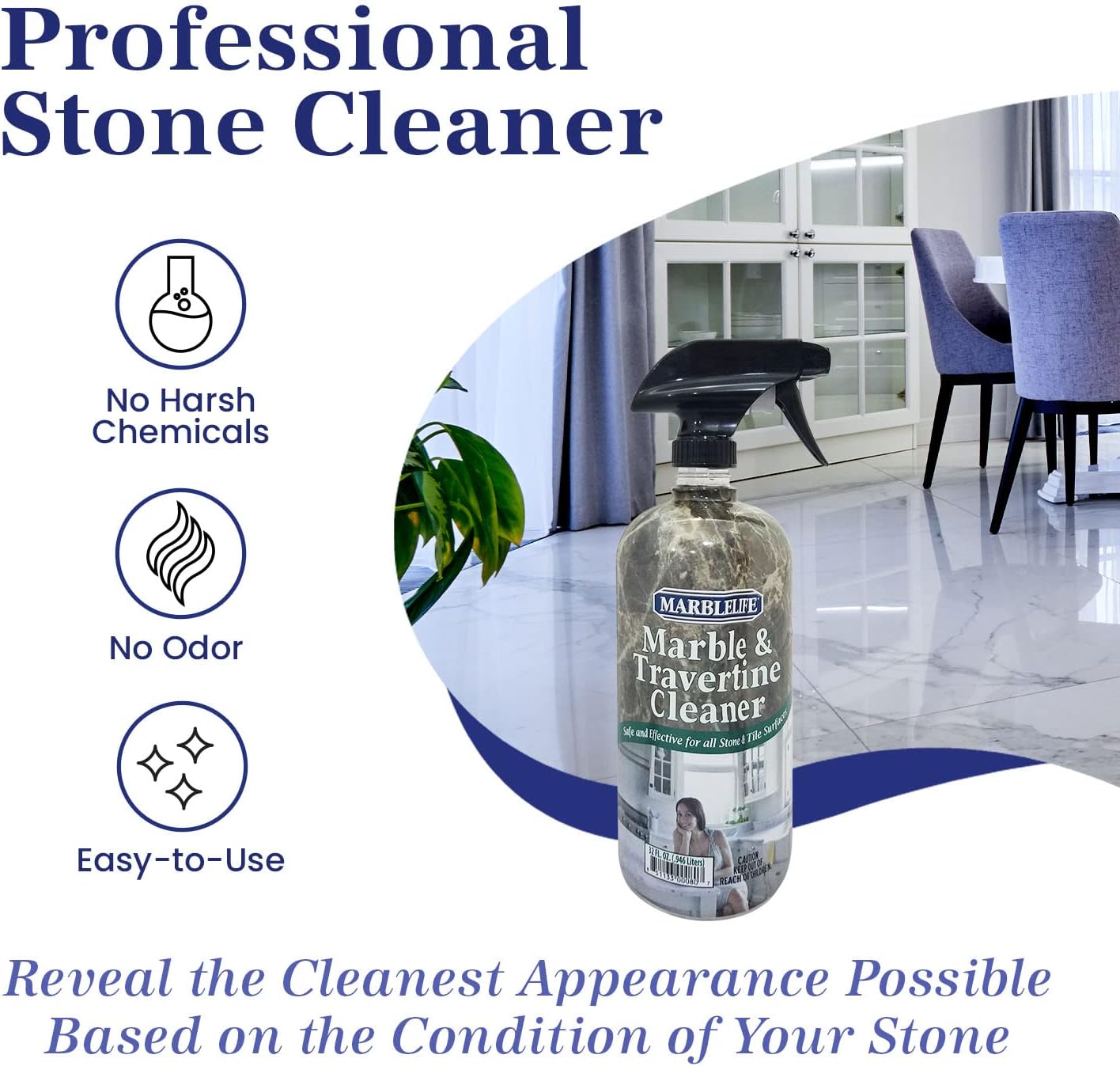 Marblelife InterCare Marble and Travertine Cleaner, Natural Stone & Terrazzo Liquid Cleaner, Shower & Tile Surface Care, Floor, Walls & Countertop Cleaner and Degreaser, Refill Gallon