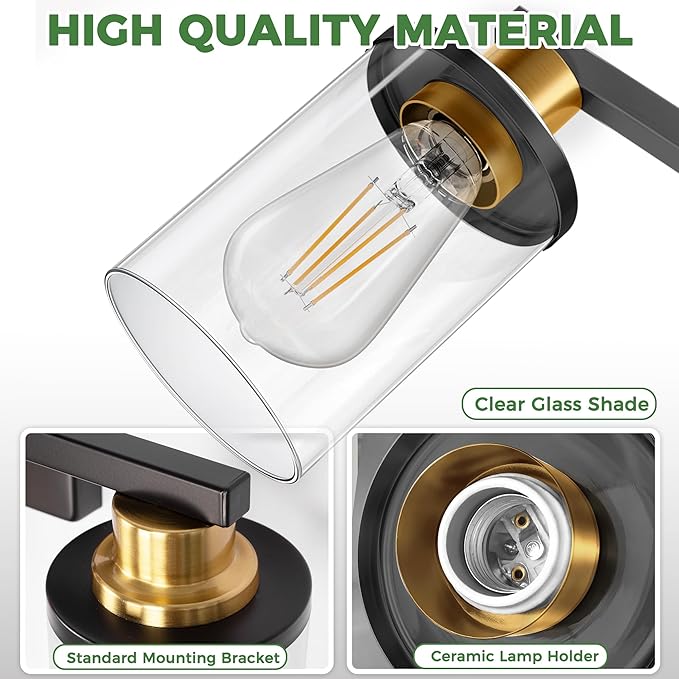 DORESshop Bathroom Light Fixtures, 3-Light Black and Gold Bathroom Lights Over Mirror with Clear Glass Shade,Vanity Lights for Bathroom Hallway Bedroom Living Room, ETL Listed