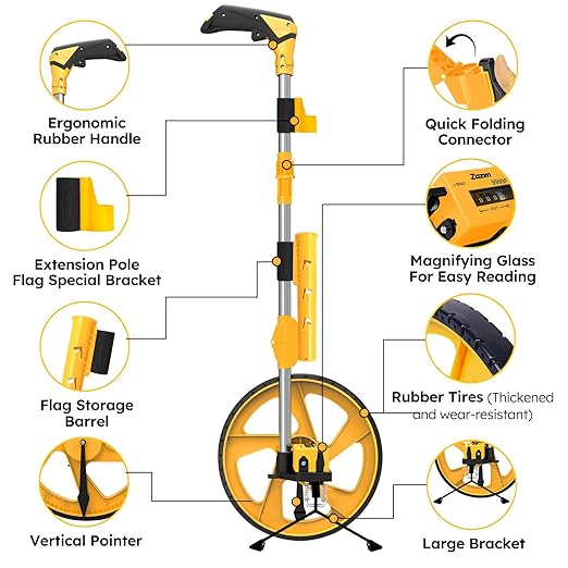 Zozen Distance Measuring Wheel in Feet and Inches, with 20pc Marking Flags and Flags Holder, Collapsible Measure Wheel - Imperial Industrial with Big Kickstand to Keep Stand, Include Backpack.