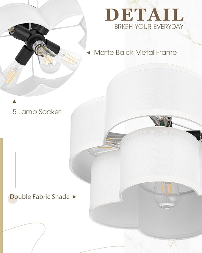 Black Semi Flush Mount Ceiling Lights, 5-Light 18" Ceiling Light Fixtures with Double Fabric Shade in Quatrefoil Shape, Drum Light for Nursery Bedroom, AD-22007-5SF-BK