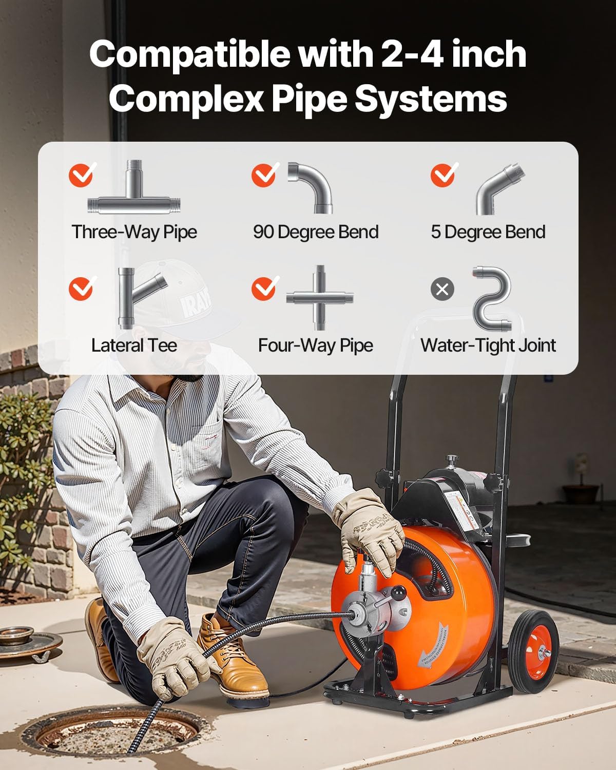 VEVOR Drain Cleaning Machine 100FT x 3/8 Inch, Sewer Snake Machine Auto Feed, Drain Auger Cleaner with 4 Cutter & Air-Activated Foot Switch for 2" to 4" Pipes, Orange, Black