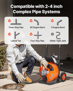 VEVOR Drain Cleaning Machine 50 FT x 3/8 Inch, Sewer Snake Machine Auto Feed, Drain Auger Cleaner with 4 Cutter & Air-Activated Foot Switch for 1" to 4" Pipes, Orange, Black