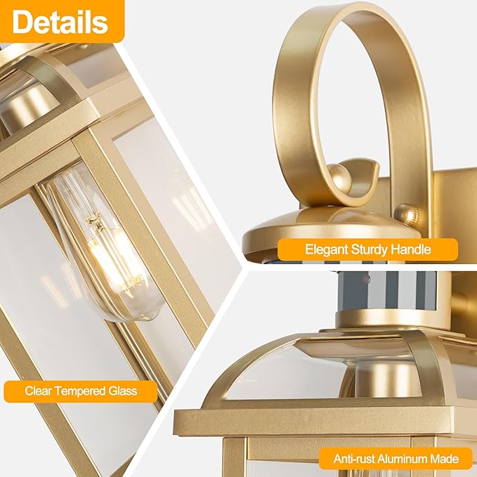 Gold Motion Sensor Outdoor Light Fixtures Dusk to Dawn, 19 Inch Enclosed Bottom Anti-Rust Aluminum Large Outside Wall Lanterns for House Brass Exterior Light Outdoor Sconces for Patio