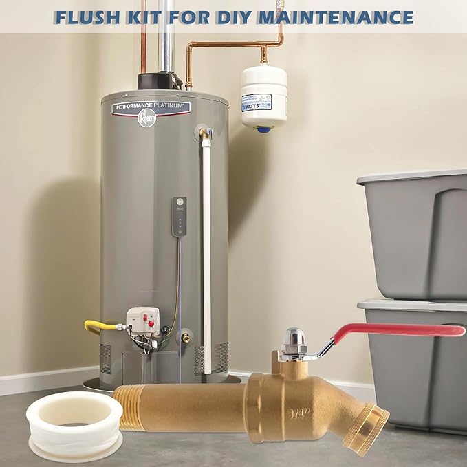 Water Heater Drain Valve 3/4" MNPT Full Port - Brass Sediment Flush Valve with 3 Inch Shank, 180° Handle Garden Hose Adapter Hot Water Heater Replacement Parts Fast Drain Tool Kit