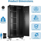 Garage Storage Cabinet with Wheels and 5 Pegboard, Broom Closet Storage Cabinet with Hanging Rod and 13 Hooks, Metal Cabinets with 4 Shelves for Garage, Home, 71"H x 31.5"W x 15.75"D, Black