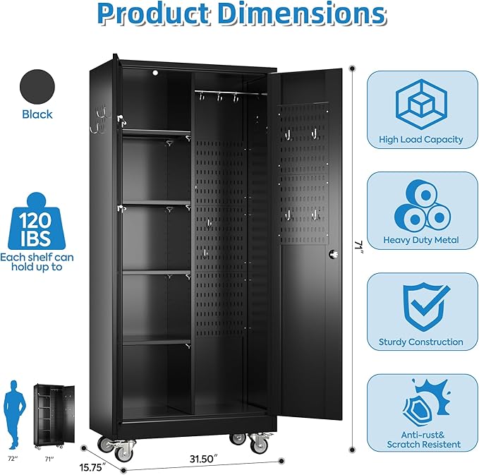 Garage Storage Cabinet with Wheels and 5 Pegboard, Broom Closet Storage Cabinet with Hanging Rod and 13 Hooks, Metal Cabinets with 4 Shelves for Garage, Home, 71"H x 31.5"W x 15.75"D, Black