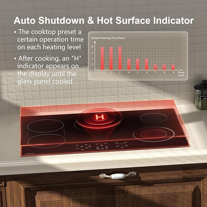 36 Inch Electric Cooktop 5 Burners, ETL & FCC Certificated, Sync Burner, Quick Boil, Keep Warm Setting, 9 Heating Level, Timer, Child Lock & Auto Shutdown, 9000W, Drop-in Electric Stove Top