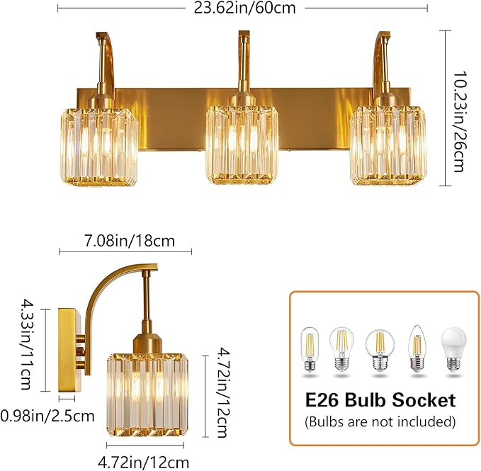 Crystal Vanity Lights 3-Light Gold Bathroom Vanity Lights Modern Crystal Bathroom Light Fixtures Over Mirror 23.62" Long Vanity Light for Bathroom
